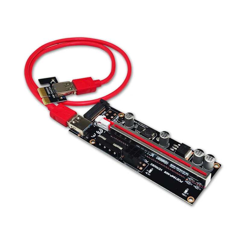 
Newest PCI-E Riser 009S Plus PCI-E 1X TO 16X Slot Adapter Riser Card 60cm USB 3.0 Red Cable 4pin 6pin SATA Power for BTC Mining 
