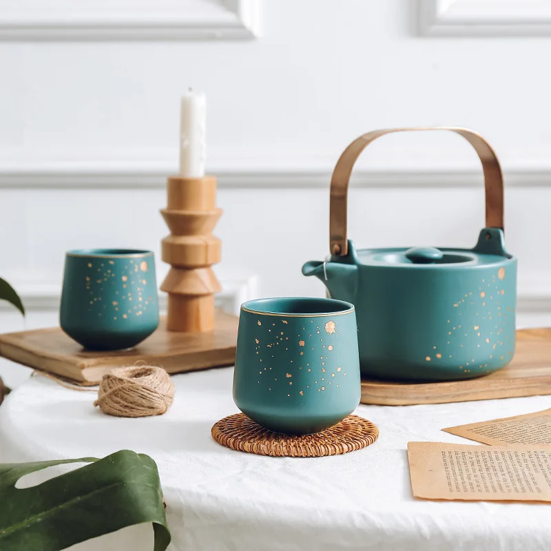 Household teapot and tea set Japanese matte ceramic afternoon tea cup with acacia wooden base