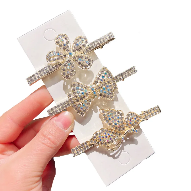 Korean Shinny Rhinestone Flowers Butterfly Hair Clips Full Diamond Alloy Duck Clip Metal Hairpins Hair Accessories