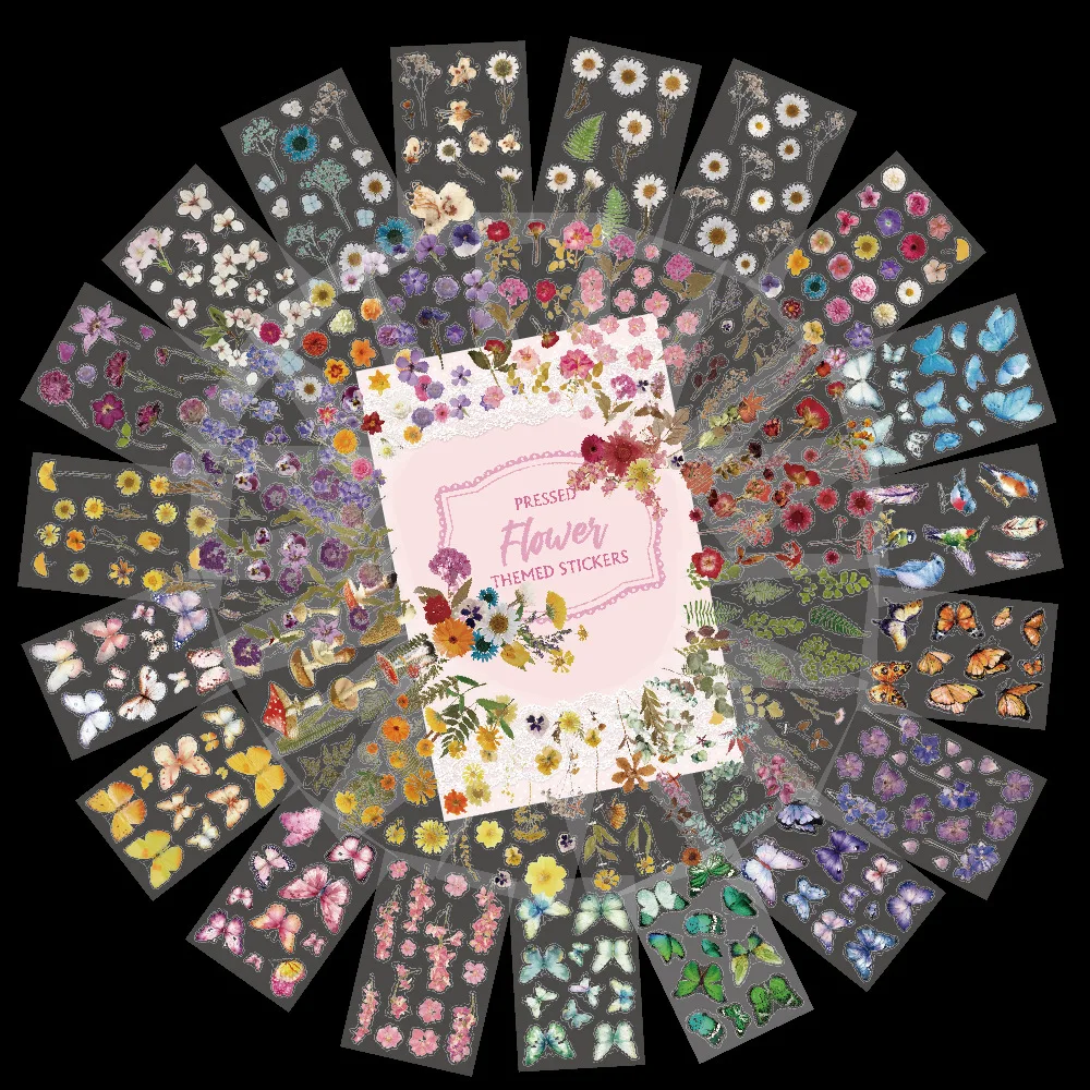 Pressed Flower Themed Stickers Dried Floral Resin Stickers Decals Botanical Journaling planner clear PE Sticker for Junk Journal