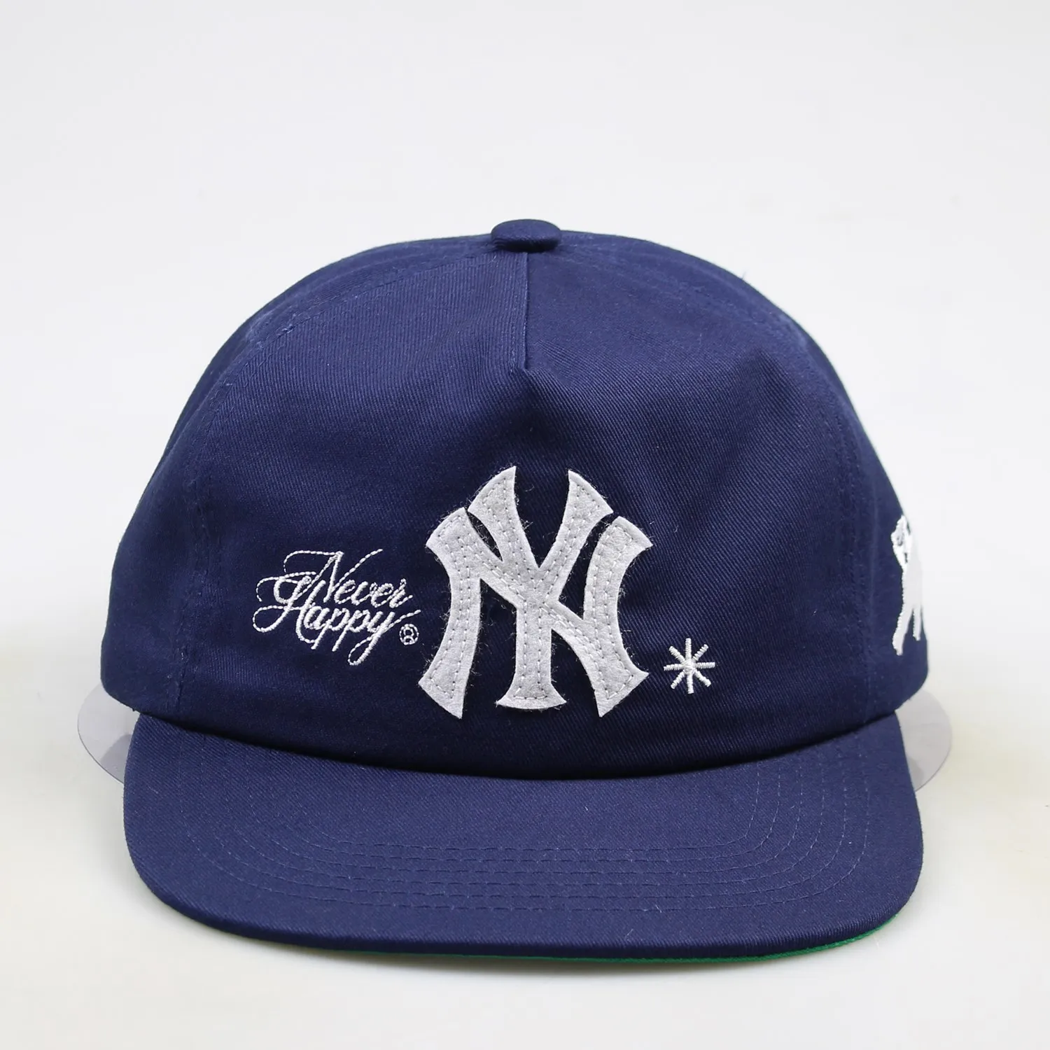 Vintage Navy Blue Cotton Unstructured 5 Panel Snapback Hat Custom Felt Letter Patch Embroidery Hat Leather Strap Cap