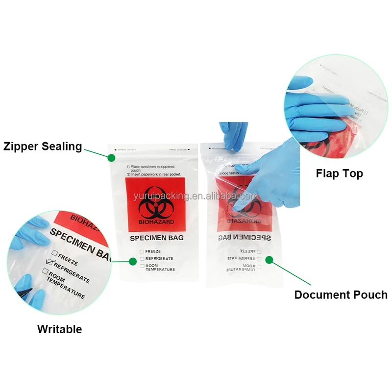 YURUI Wholesale Medical Grade 3/4walls Laboratory Reusable Plastic Disposable Zipper Biohazard kangaroo Collection Specimen Bag