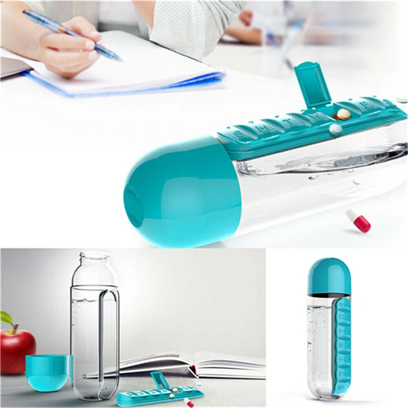 7 Daily Pill Box Water Bottle Cup Case Capsule Organizer Plastic Pill Bottle Screen Printing Red Pink Yellow Easy Open End YH