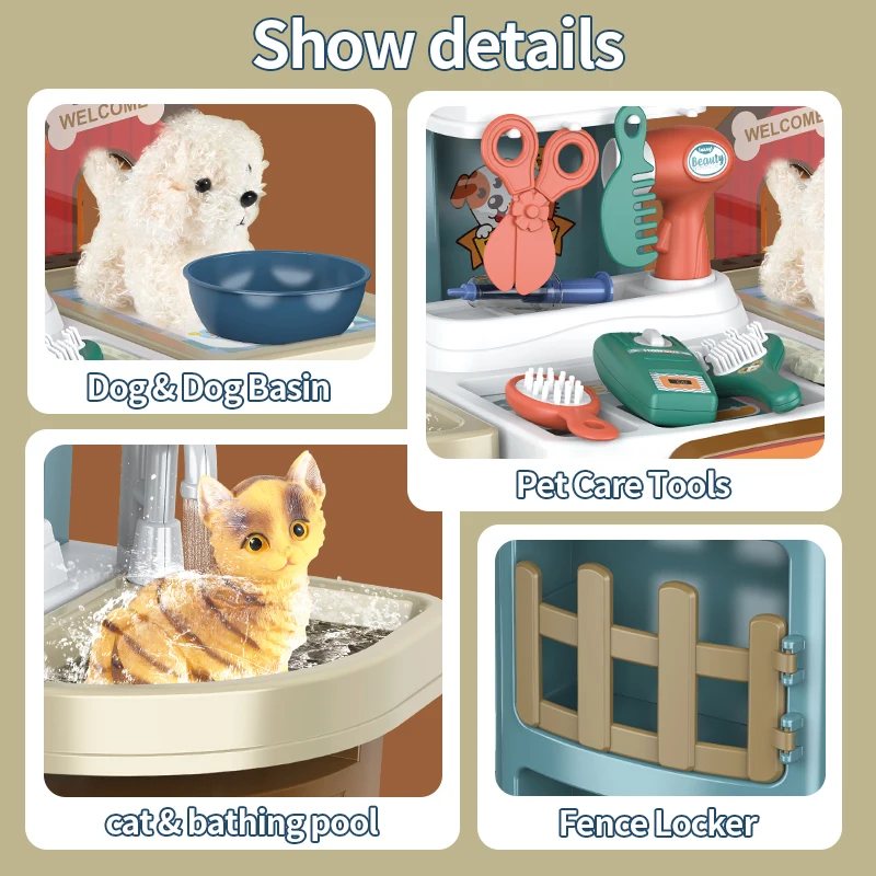 2 IN 1 Multi-function Pet Care Table Storage Suitcase Pet Wash Set Toys Educational Pretend Pet Kit for Children