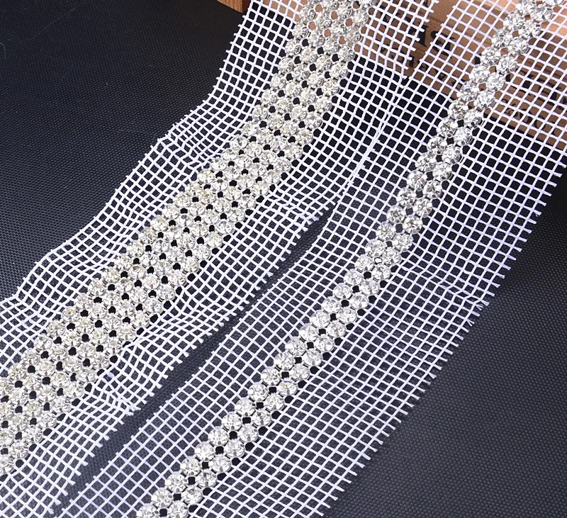 Crystal Diamond Mesh White Fabric Silver Metal Base Rhinestone Sewing Lace Trim for Bags Shoes Clothing Decoration