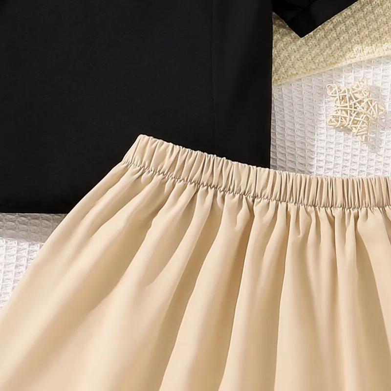 Fashionable Summer Youth ClothingBlack Short Sleeved ShirtPleated Bow Skirt Suitable For Girls Aged 8 To 12