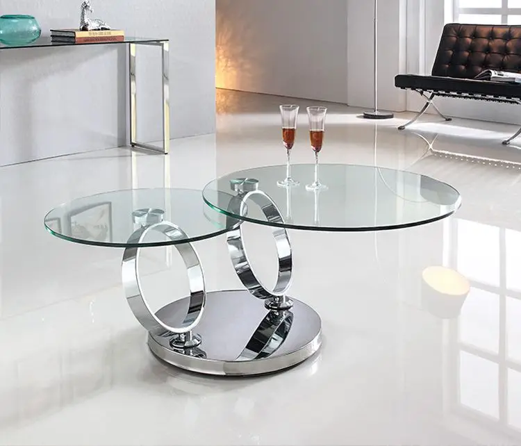 space saving furniture double-sided rotatable glass round coffee tea table convertible one and two tabletop frame mechanism