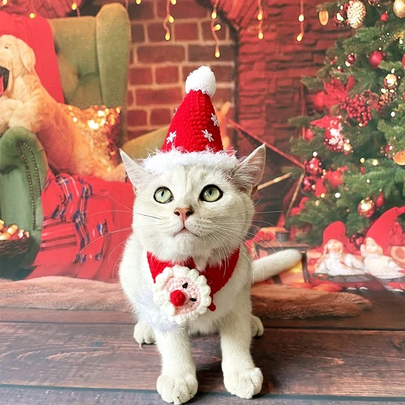 Factory Hot Selling Pet Christmas Collar Scarf Cat Dog Knitted Cloak Bib Wool Hat Christmas Cat Scarf