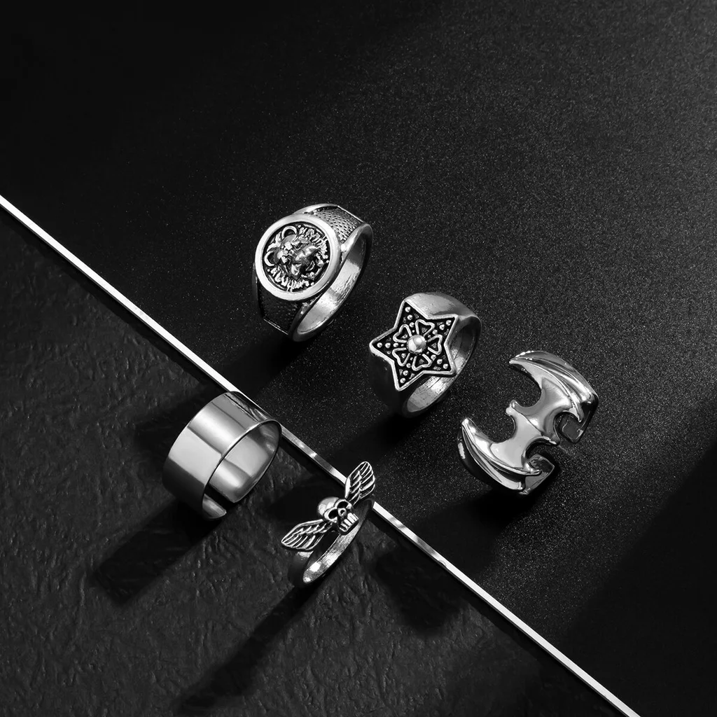 5Pcs/Set Gothic Skeleton Skull Bats Wing Rings Set for Men Punk Vintage Silver Color Star Rings Steampunk Jewelry
