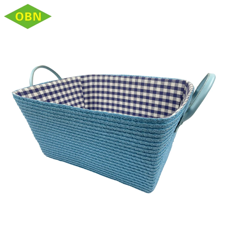 Home sundries storage cheap blue color neatening sewing pp straw basket with PU handles