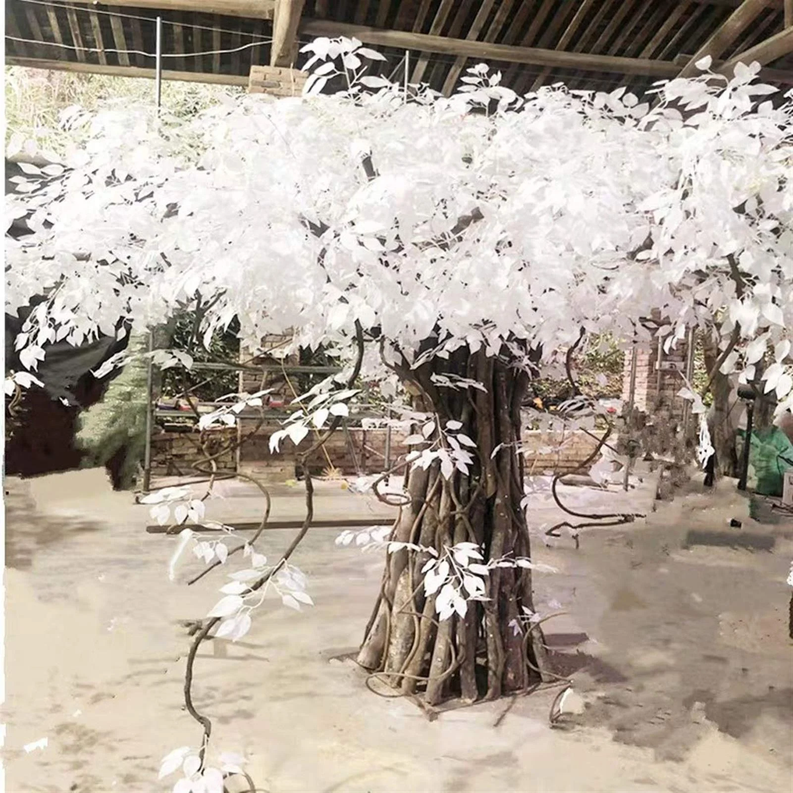 Artificial White Large Banyan Tree With Wooden Fence False For Indoor Outdoor House Office Fake Artificial Plants Ficus Tree