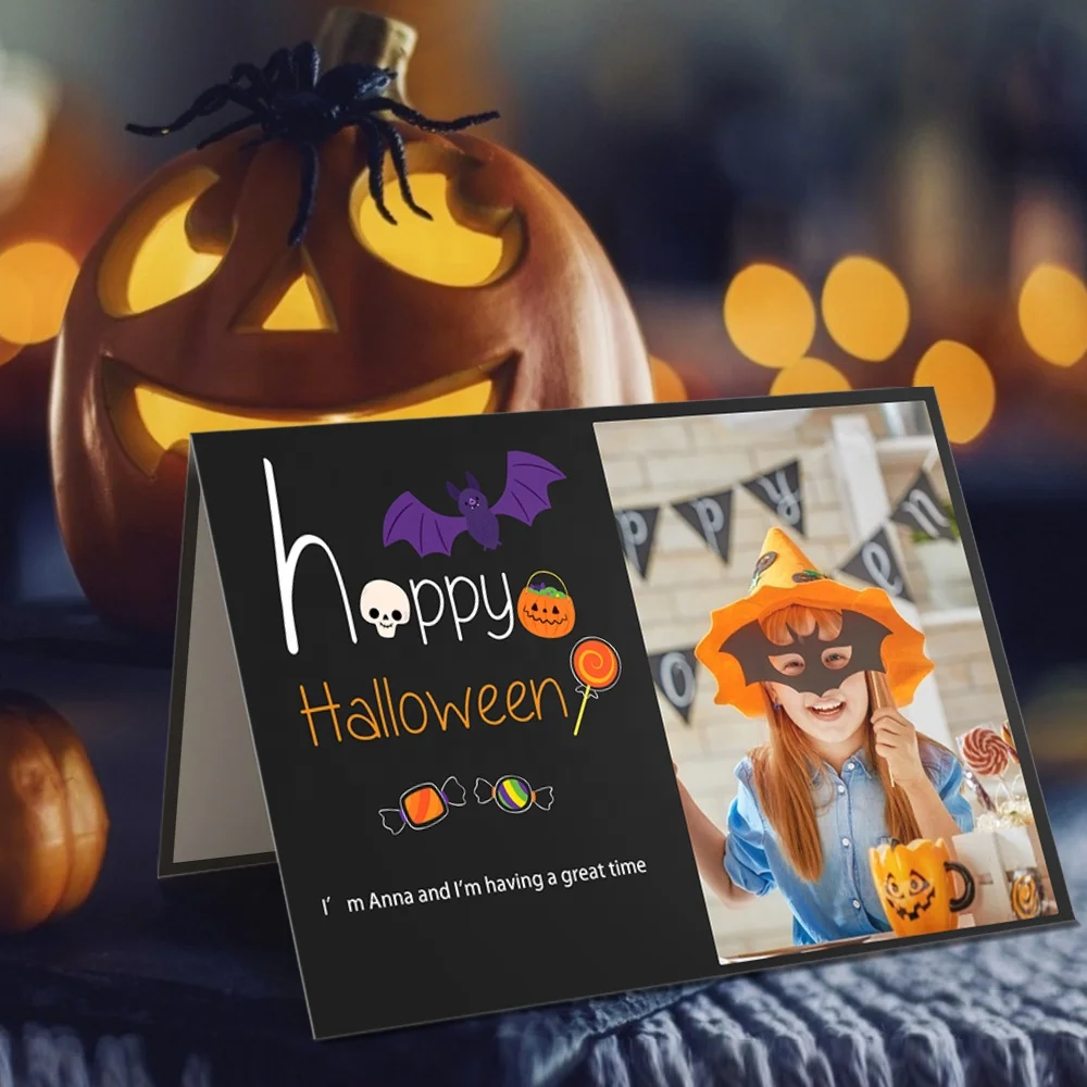Luxury Custom Photo Text Greeting Card Bat Candy Festival Happy Halloween Cards