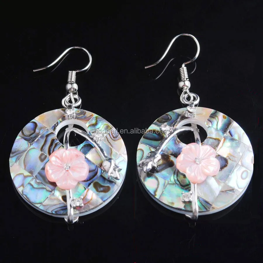 MOP33 Circle Round Pink Carved Flower Paua Abalone Ladies Jewelry MOP Shell Mosaic Earring