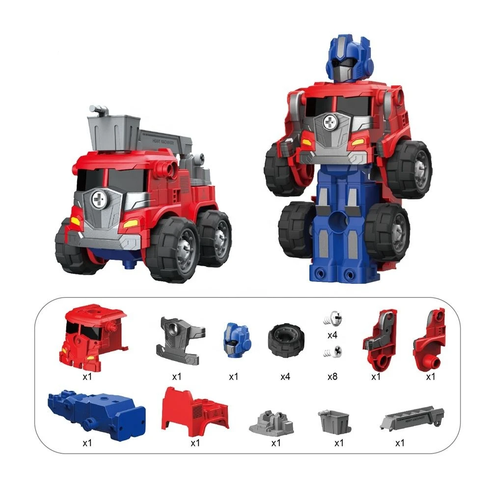 Diy assembly ladder fire-truck toy kids deformable plastic inertial friction toy car fire truck with light and music