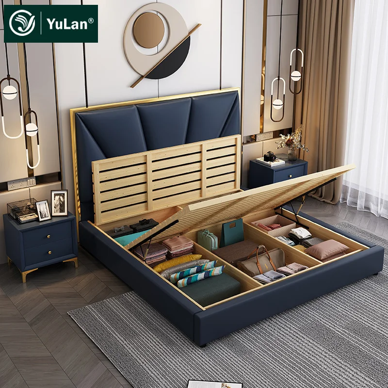 Hot Sale Luxury Modern Leather Storage Bed Solid Wood Frame for master Bedroom sets Furniture 1.8m Double Queen Size Bed