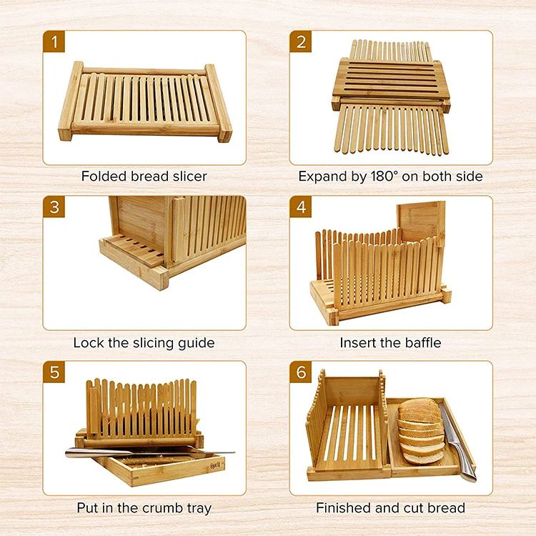 Premium Bamboo Bread Slicer With Stainless-Steel Knife Wood Cutting Guide with Crumb Tray For Homemade Bread, Cake, Bagels