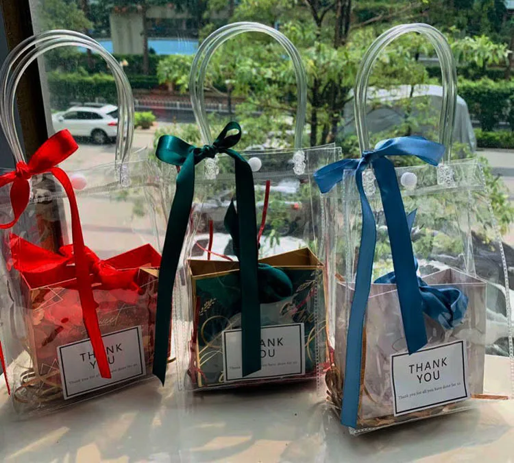 PVC Transparent Button Handbag Plastic Carry Bag Storage Gift Cloth Waterproof Shopping Bag