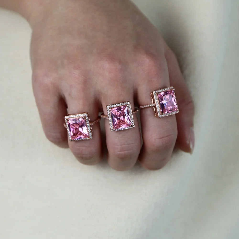 princess cut big pink cz ring for women wedding engagement design fashion jewelry