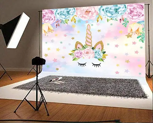 5x3ft Vinyl Unicorn Theme Party Background Gold Flower Stars Sky Photography Backdrop for Children Newborn Birthday Dessert