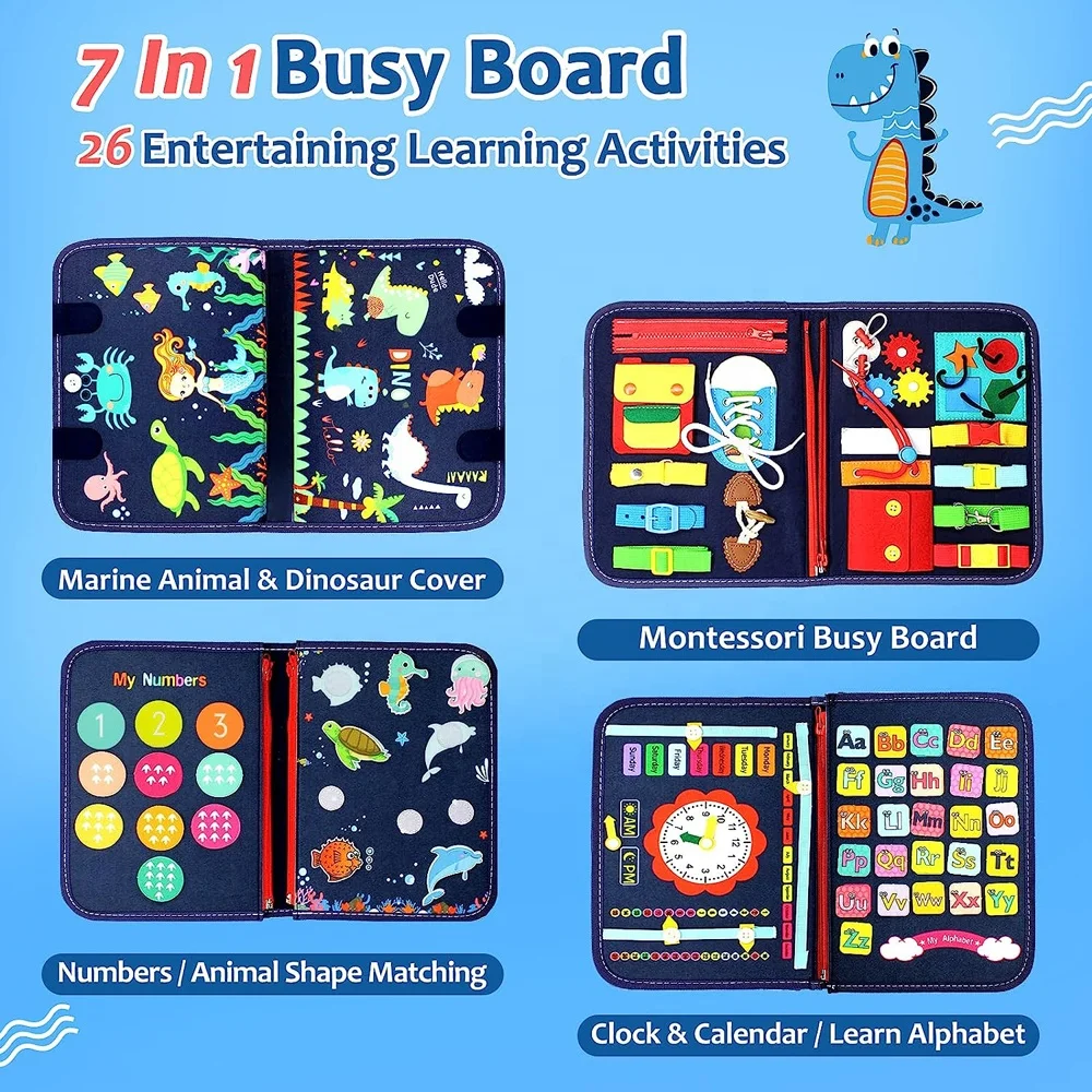 Educational busy board book kids sensory Montessori travel toy activity board toddler felt busy board for basic skills learning
