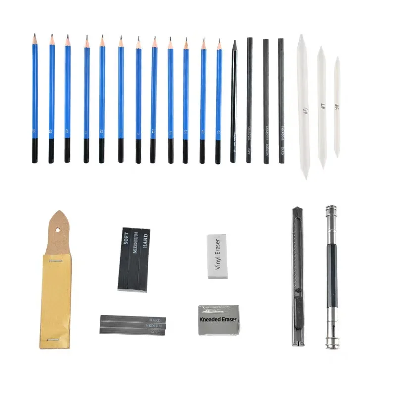 32Pcs Wooden Charcoal Drawing And Sketch Pencil Set With Zipper Pencil Bag Case