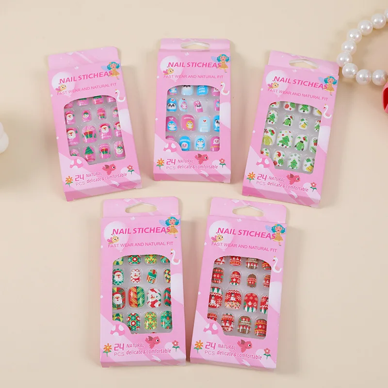 Thrilez Children Fake Artificial False Nail Tips Pre Glue Full Cover Short Girls Kids Nail Art Decoration