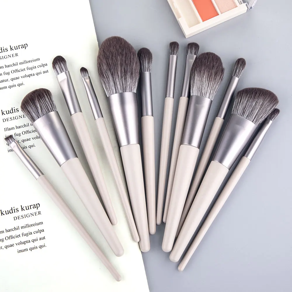 
New 12pcs Grey Wood Handle Cosmetic Brush Professional Makeup Brushes Custom Logo 
