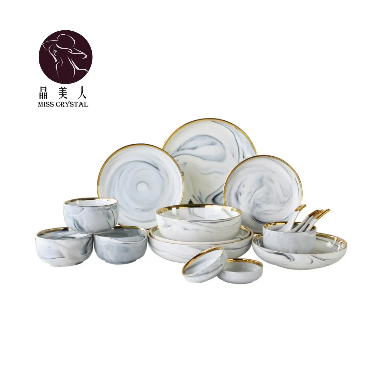 Ceramic Dinner Plates Set Dish Marble Design Steak Food Plate Salad Soup Bowl Dessert Cake Plate Dinnerware Set Restaurant Hotel