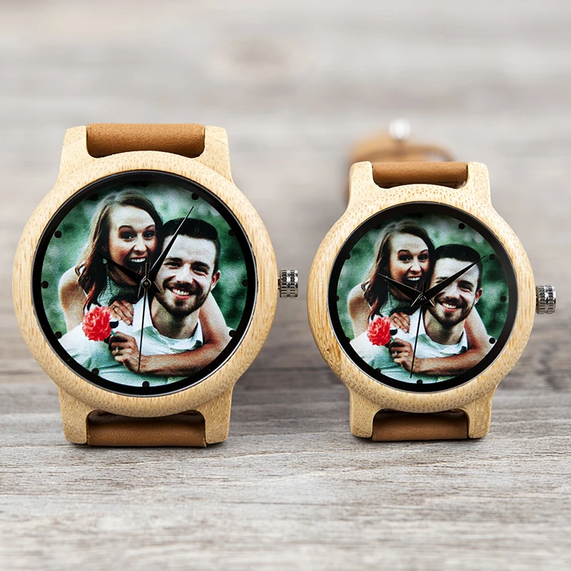 Customize photo printing couple lover bamboo wood watches with leather strap men women for valentine day gifts