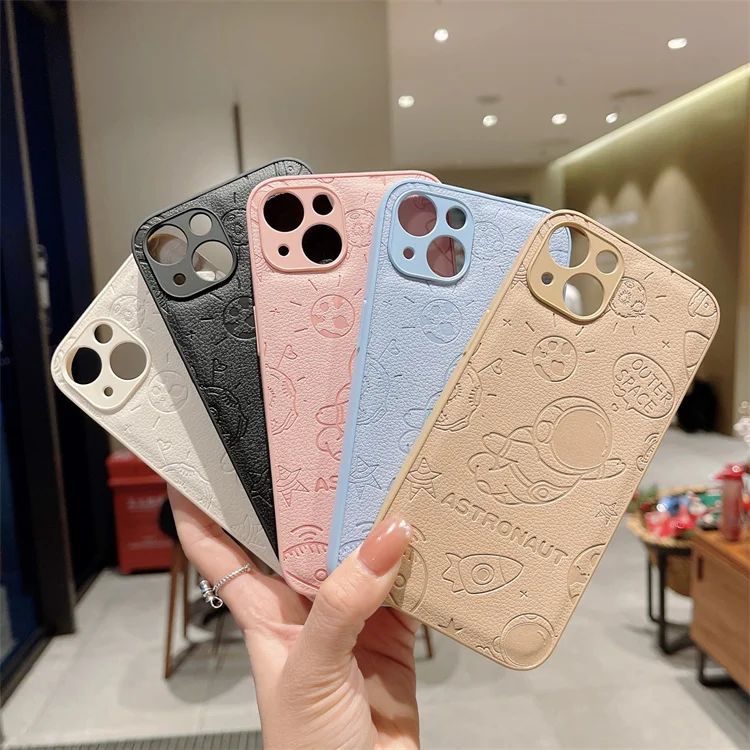 Mobile Phone Accessories Case Shockproof Back Cover PU Leather Cute Cartoon Bear Astronaut Phone Case For iPhone