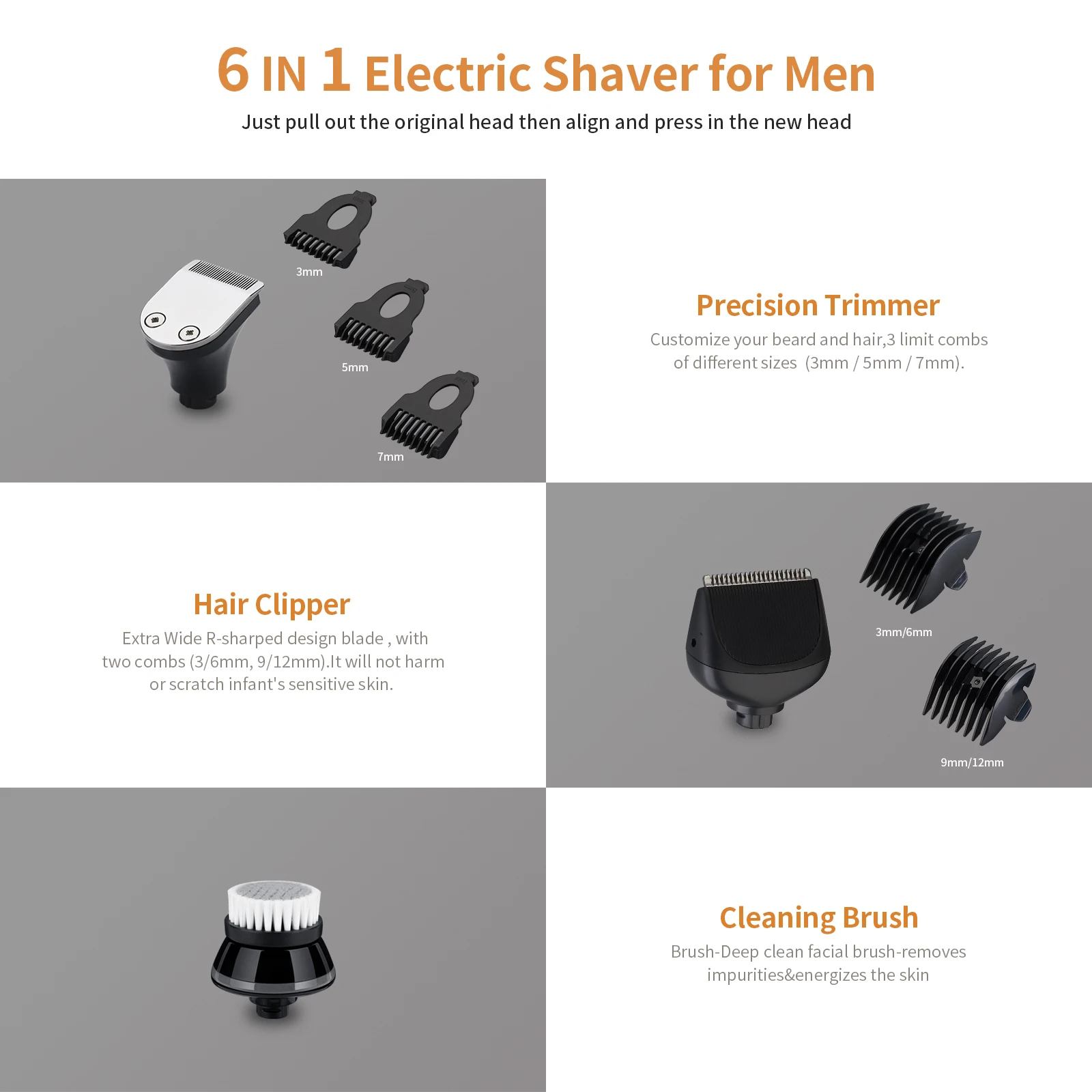 Hontec MR-129 6 In 1 Multifunctional Shaver for Men bald shaver nose trimmer and Trimmers and cleaning brush groomer kit for men