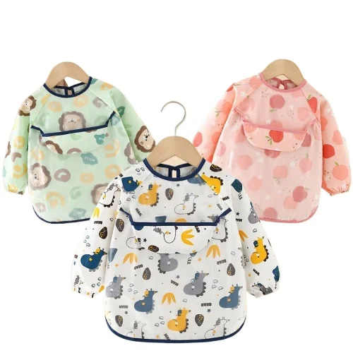 New Arrival kids Aprons Baby Long Sleeve Beige Bib Waterproof Bandana Coverall Bibs Long Sleeves Toddler Bibs