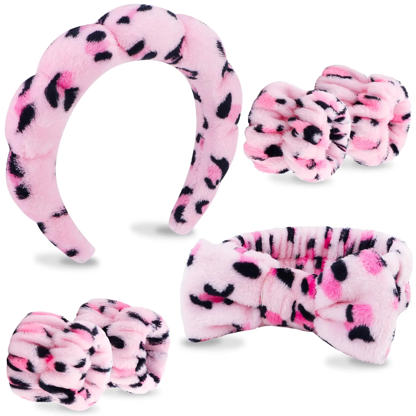 Makeup and Skincare Headbands, Leopard Sponge Hair Band Bow Tie Spa Headband for Washing Face Wristband Set Hair