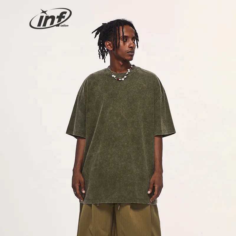 INFLATION Acid Washed 260 gsm brand clothing black t shirt Unisex heavy cotton Streetwear t-shirt