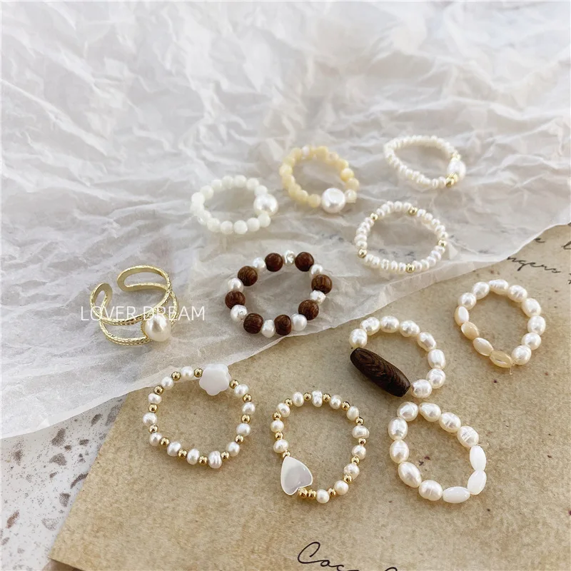 34 models vintage handmade irregular geometric adjustable stacking freshwater baroque pearl beaded heart elastic ring women girl