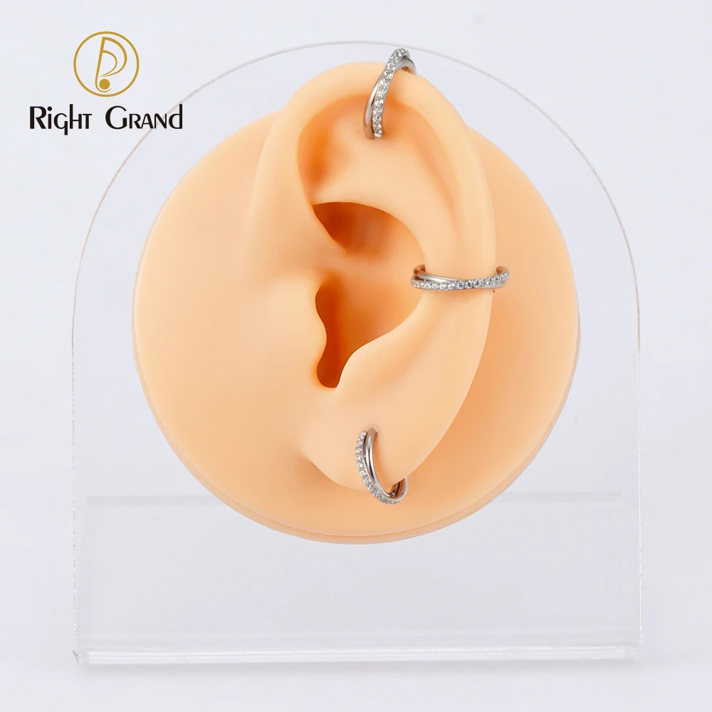 Right Grand Implant Grade ASTM F136 Titanium Clear Zircon Mirror Polish Hinged Clicker for Cartilage Helix Piercing