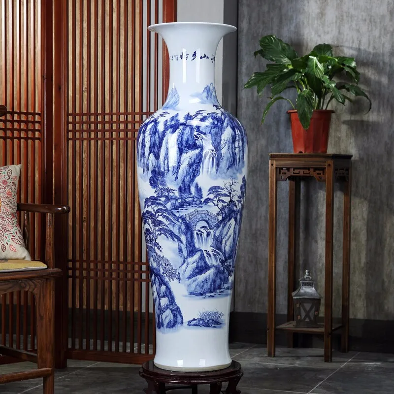 Vintage antique Chinese MingQing Landscape House Hand painted floor ceramic floor tall vase large for office decor