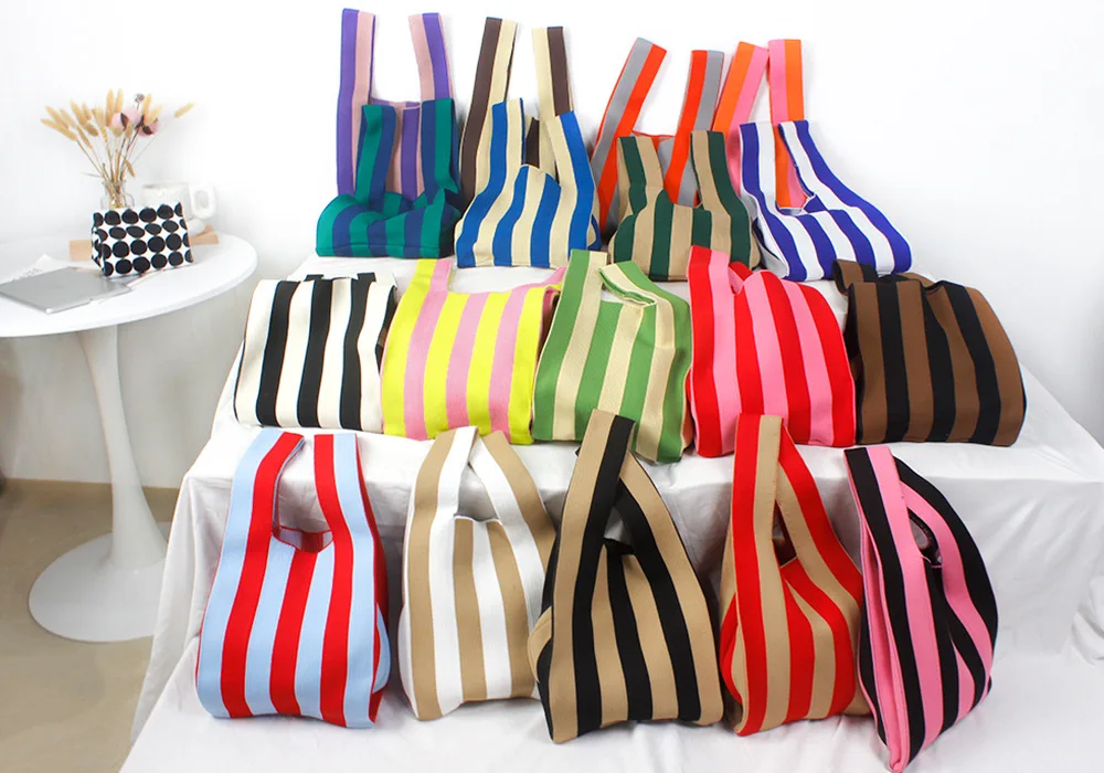 Custom Women Wool Knitted Stripe Bags Fashion Knitted Tote Bag Striped Pattern Crochet Handbags