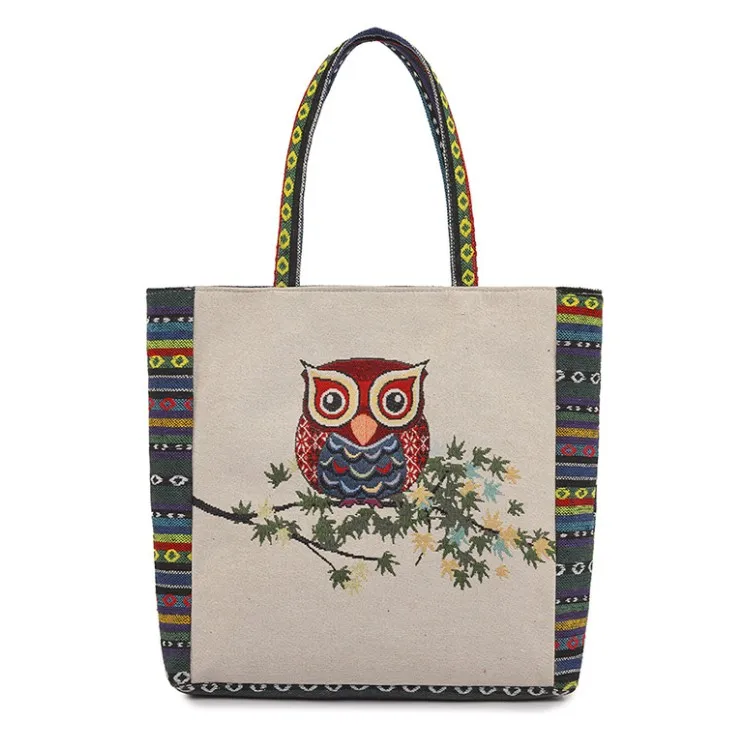 Wholesale Cartoon Owl Flamingo Woven Cotton Casual Ladies Tote Bag Large Shopping Bag Women Beach Handbag for Girls Canvas ODM