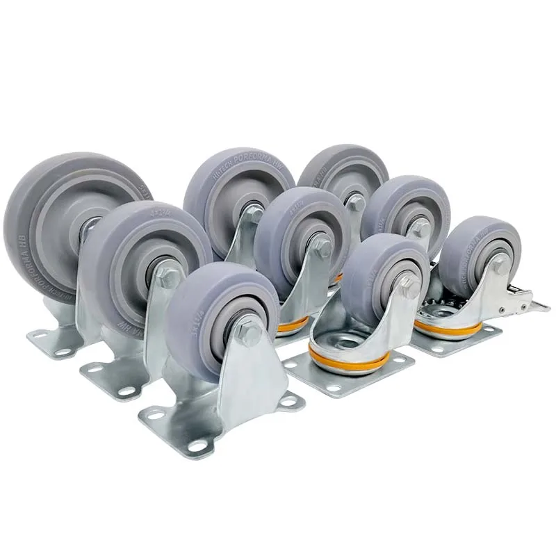 Medium Duty Gray 3 4 5 Inch TPR Rigid Swivel Castor Threaded Stem Double Ball Bearing Caster Wheel with Aluminum holder