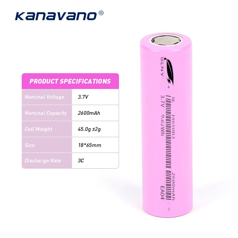 Kanavano li-ion 18650 3.7 v 2600 mah battery 3C discharge rate lithuim battery for electric bike