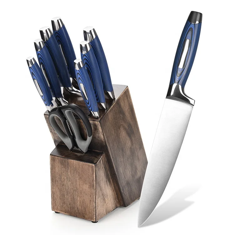 High carbon stainless steel 5Cr15 chef kitchen knife set with wooden block scissor