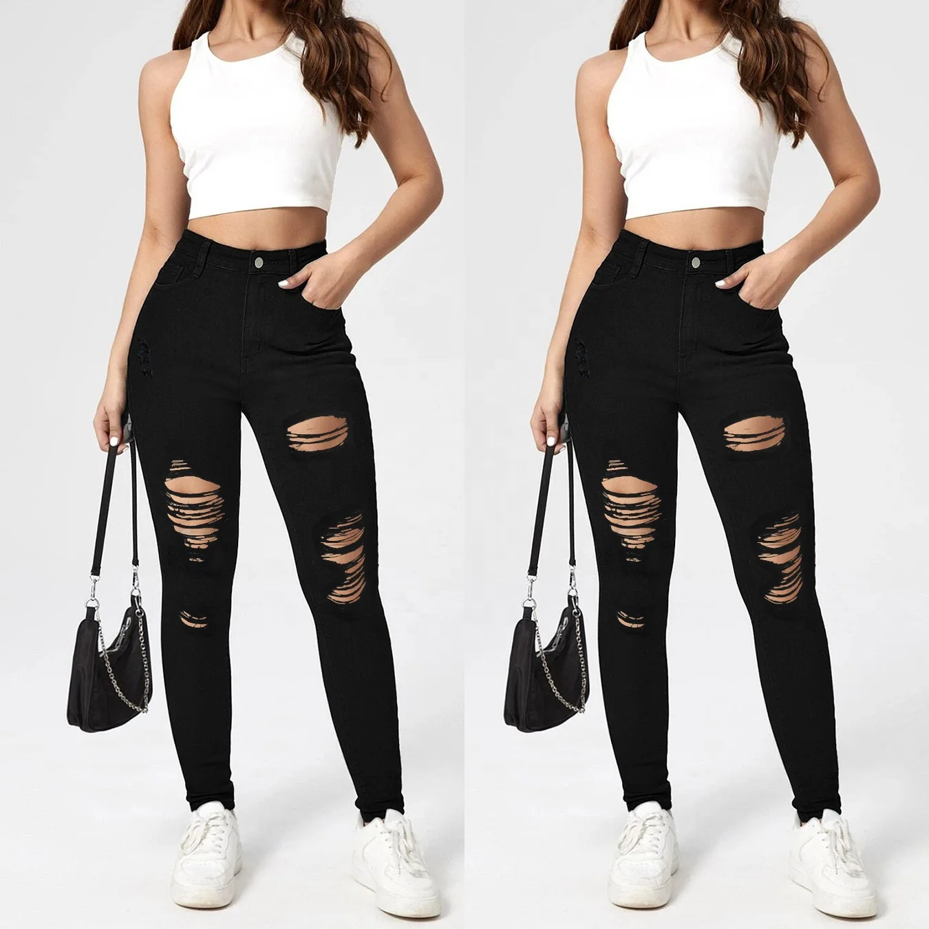 WJ203 ODM OEM women high waist stretchy jeans ladies destroyed ripped jeans denim pencil pants custom women skinny black jeans