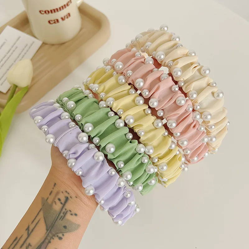 Fresh pleated simple beautiful headband Korean style solid color High sense Lady pearl headband hair accessories face washF898