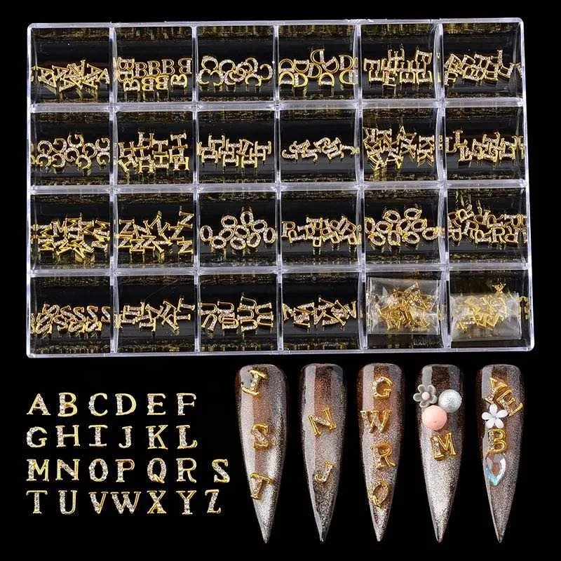 Hot sale New Type Gold Nail Crystal Rhinestone English 3D Letters Nail Art Charms Zircon Stud Box For Nails