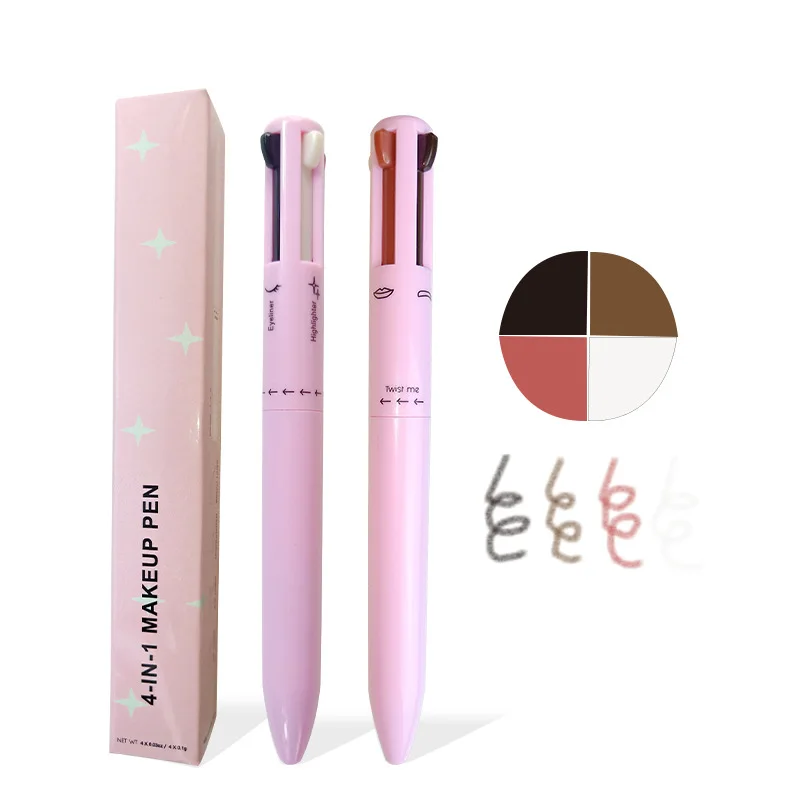 New arrived high pigment vegan waterproof lasting eyebrow pen eyeliner lip liner highlighter pen 4 in 1 makeup pen wholesale