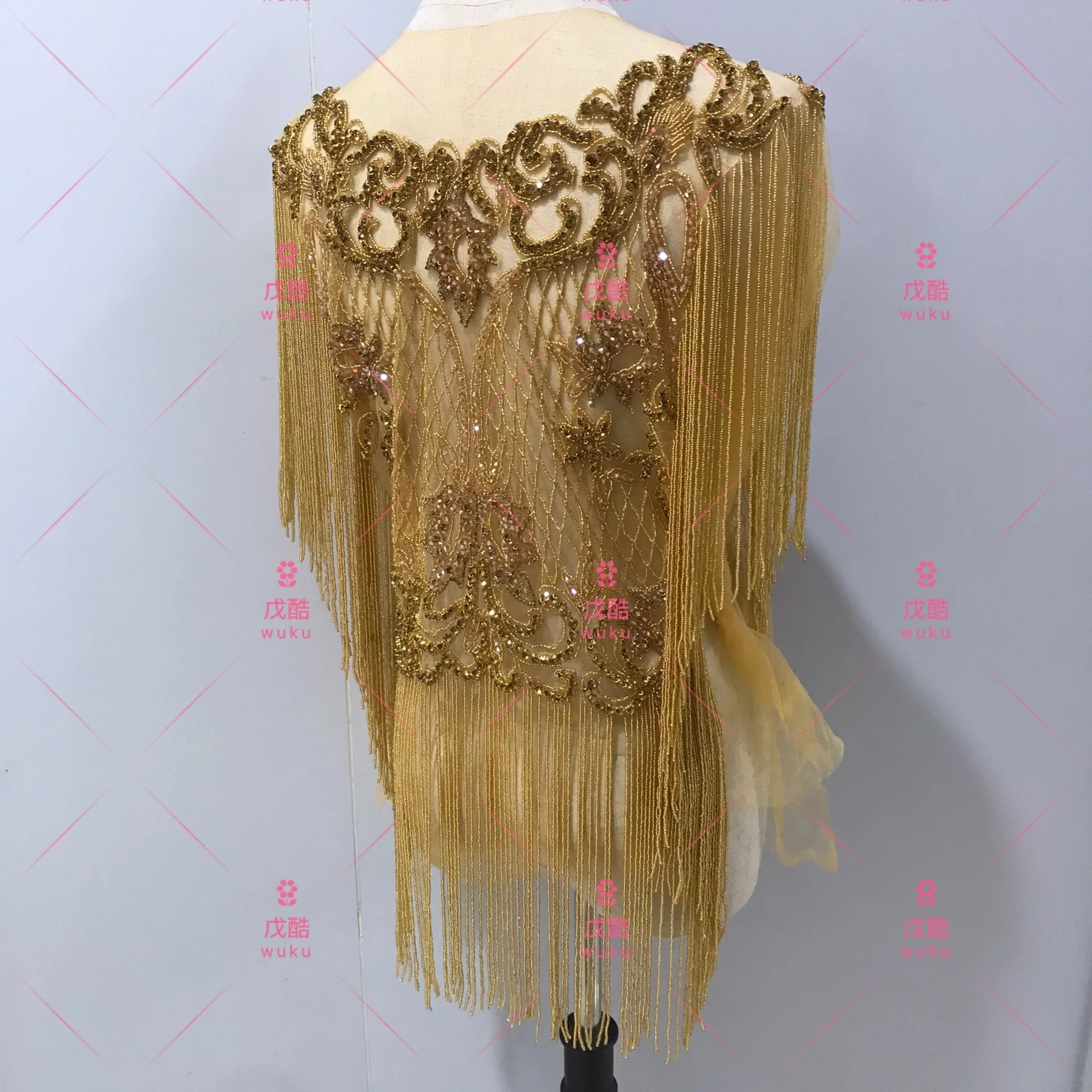 front side and back side  whole piece appliqe patch with crystal  fringe tassel design in gold