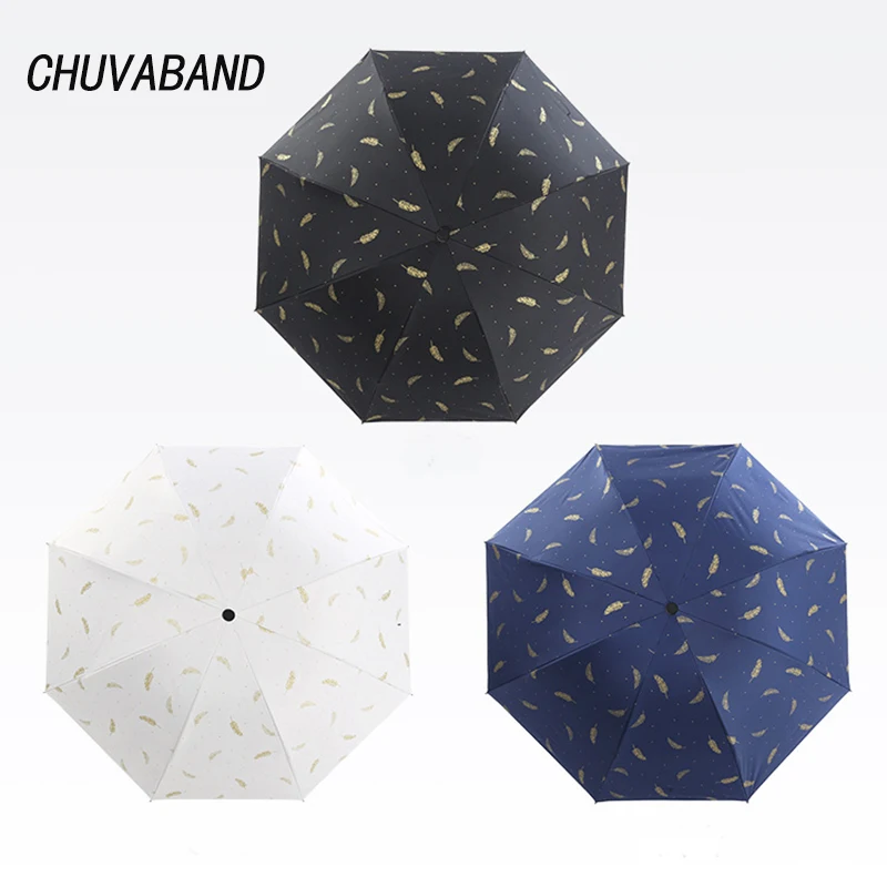 CHUVABAND High Quality Gold Feather Black Coating Umbrella Rain Women Umbrella For Womens Windproof Fold Leaves Umbrella YS031
