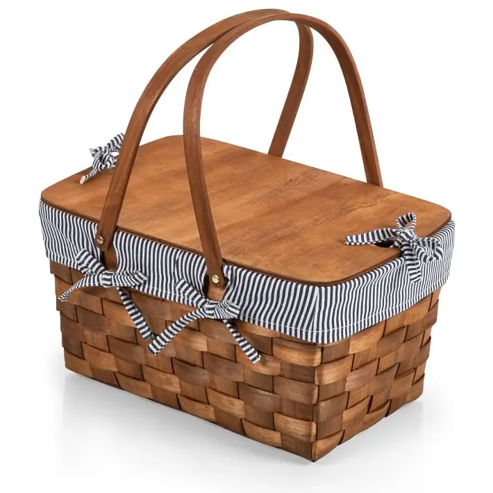Linered Handweave Wood Picnic Basket with Cover and Folding Handles