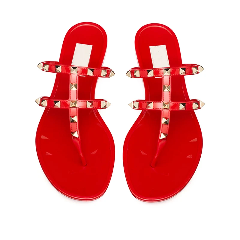 Luxury Ladies Rivet Two Belt Flat Flip Flop Sandal Hot Brand Name Outdoor Casual Jelly Shoes women Plastic Shoes Slipper